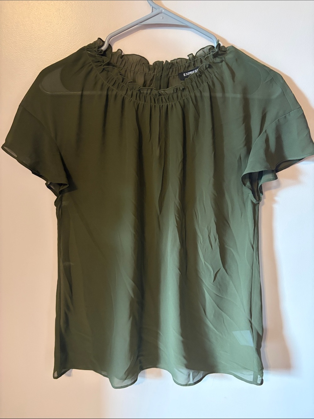 Express Olive Green Short Sleeve Ruffled Neck Blouse